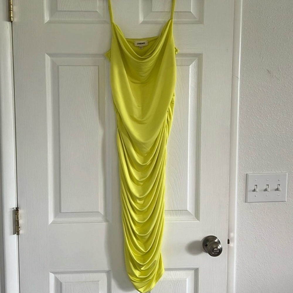 Neon yellow long ruched sleeves dress